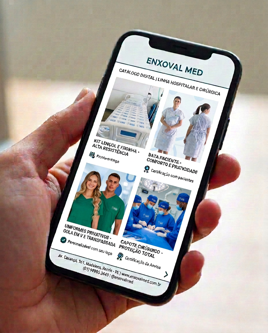 Catálogo digital da Enxoval Med exibido em um celular